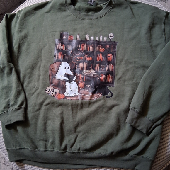 Gildan Olive Green Ghost Library Women's Sweater - Picture 1 of 4